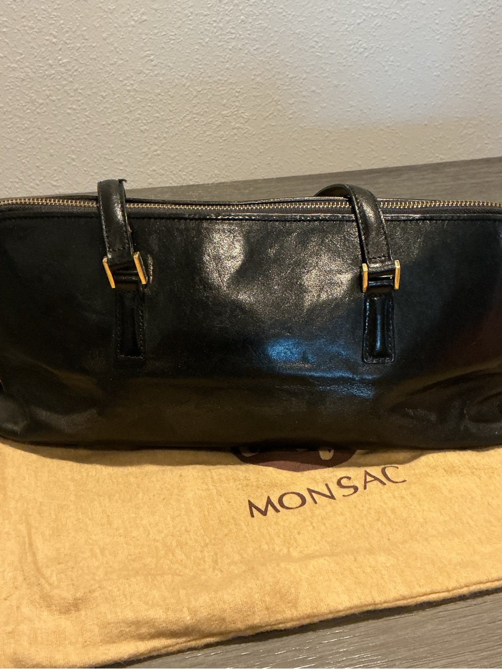 Vintage Monsac Black Leather Top-Zip Shoulder Tote - Picture 2 of 10